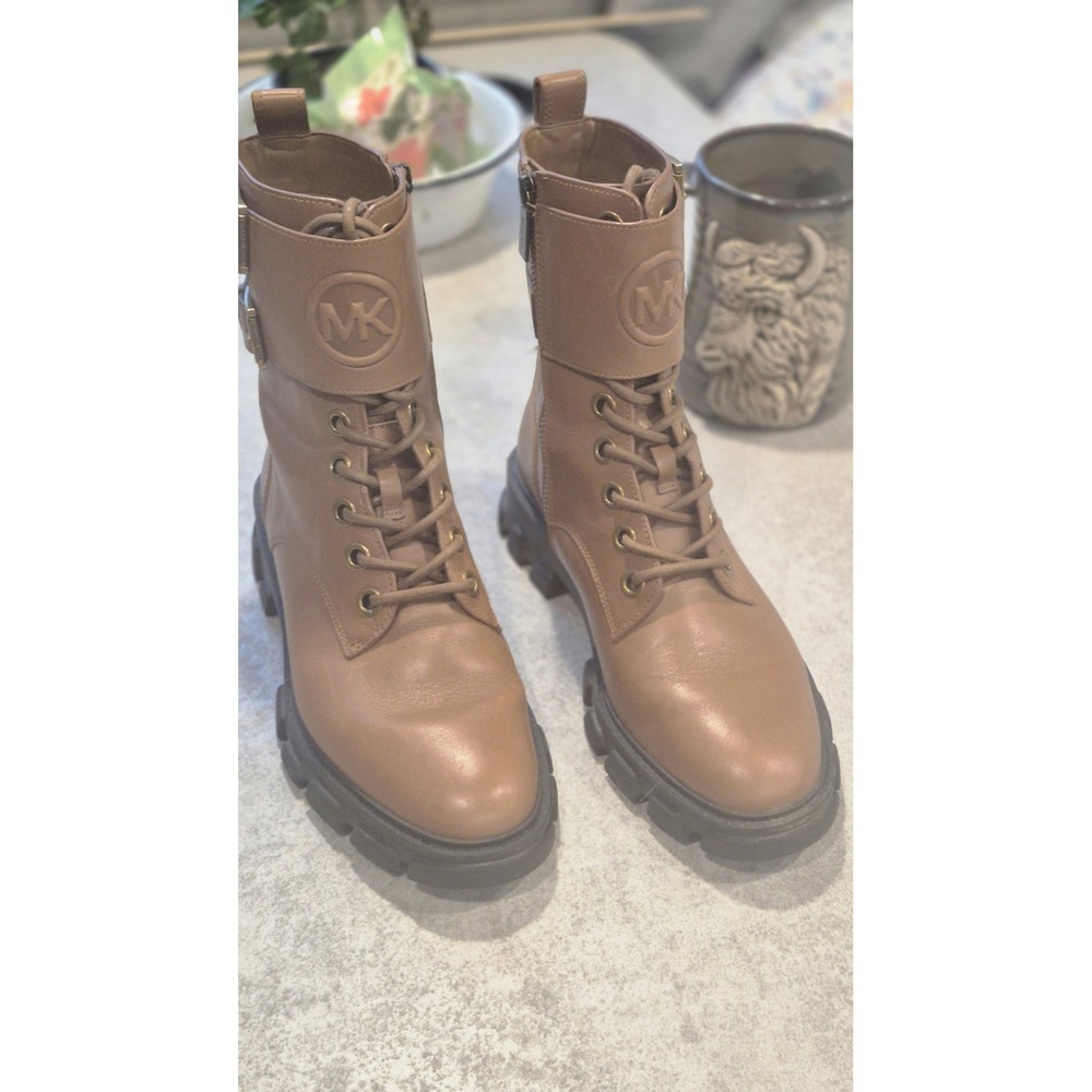 Michael Kors Brown Leather Combat Boots Lug Sole Moto Buckle Side Zip Women 7.5 - Picture 6 of 16